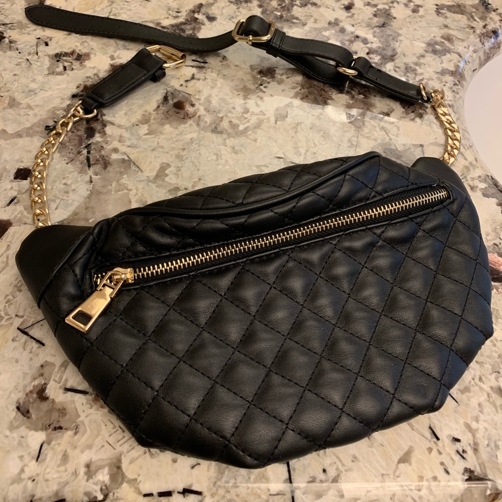 Stylish Black Quilted Belt Bag with Gold hardware